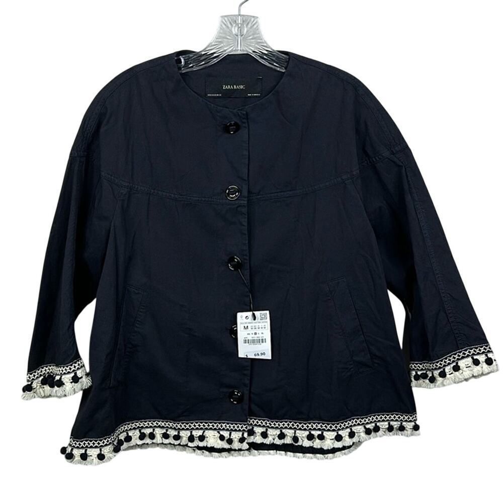 Zara Basic Black Pom Pom Tassel Jacket Medium NWT Boho Festival Aesthetic